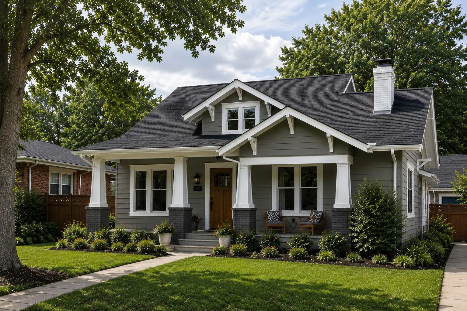 A Craftsman bungalow photographed from the street in daylight, with a new dark architectural shingle roof across its front gables and dormer.